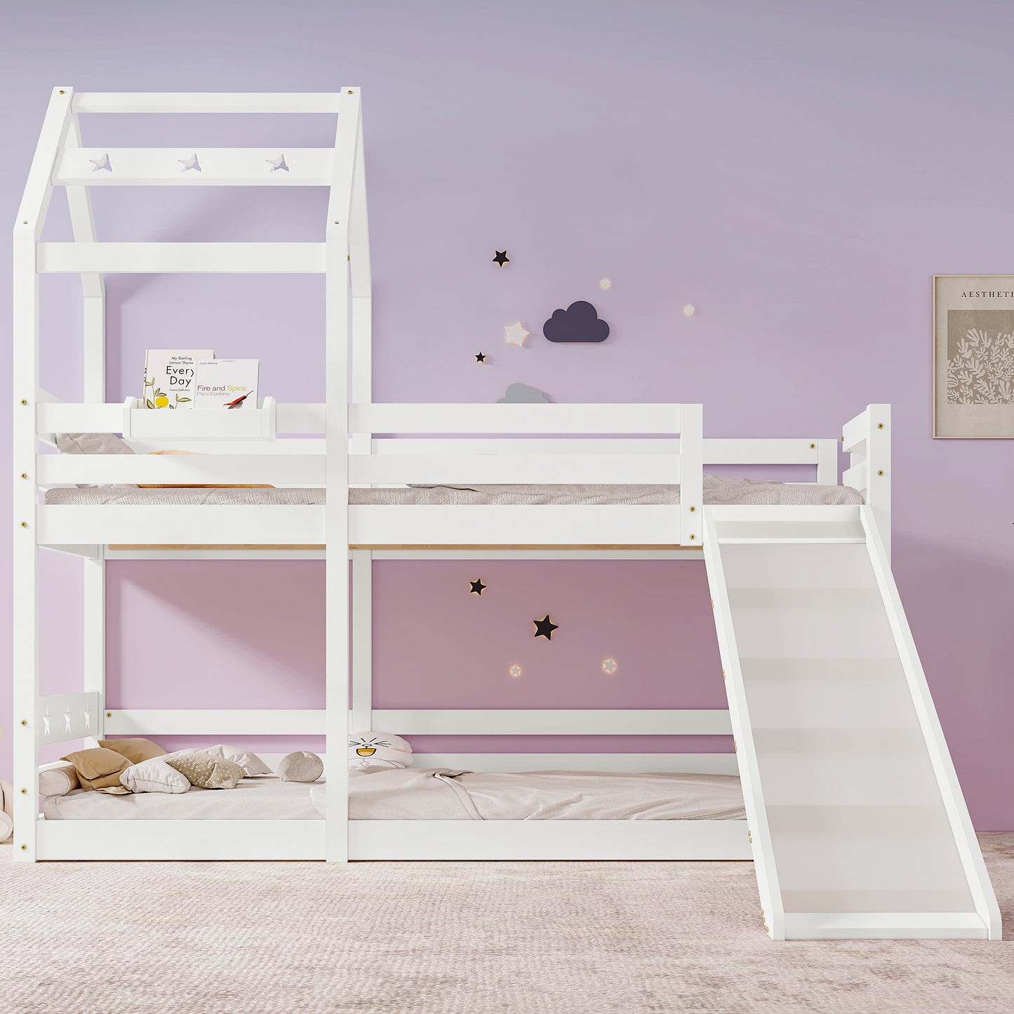 Barnssäng säng  med glid & stege 90 x 200 cm, loft säng för barn- 2x lamellat ramvit