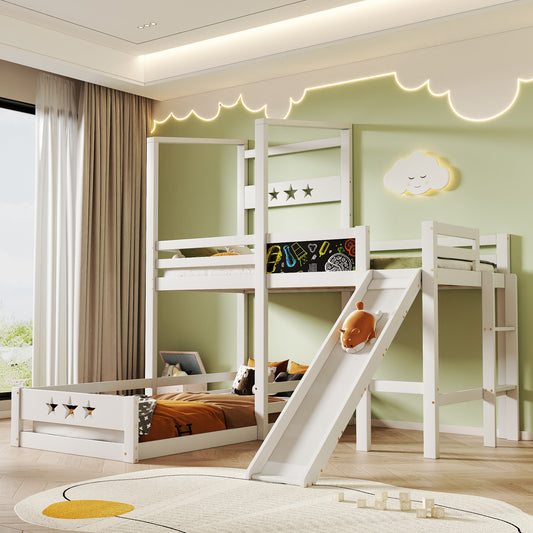 Barns säng våningssäng med bord och glid, loft säng med stege 90x200 cm enkelsäng  2x lamell ramvit