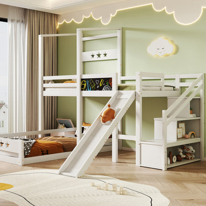 Barns säng våningssäng med bord och glid,  loft säng för barn 2x lamell ramvit