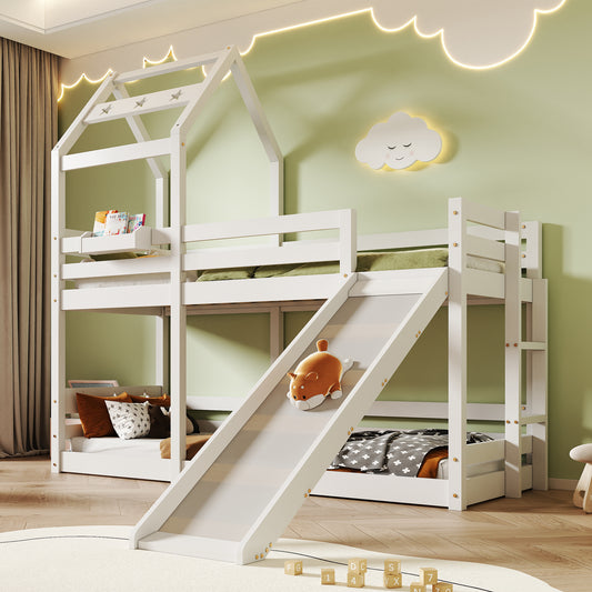 Barnssäng säng  med glid & stege 90 x 200 cm, loft säng för barn- 2x lamellat ramvit